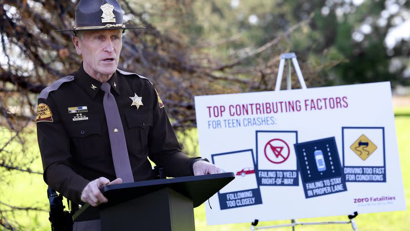 Colonel Michael Rapich, deputy commissioner, Utah Highway Patrol, releases preliminary traffic fatality numbers for the 100 deadliest days of summer 2023 at Sugar House Park Thursday. So far this summer, there have been 82 lives lost compared to the 98 in 2022.