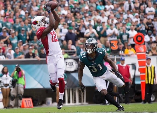Oct 8, 2017; Philadelphia, PA, USA; Arizona Cardinals wide receiver John Brown (12) makes a touchdown catch past Philadelphia Eagles cornerback Jalen Mills (31) during the second quarter at Lincoln Financial Field. Mandatory Credit: Bill Streicher-USA TODAY Sports