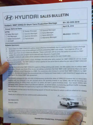 Hyundai Canada sales bulletin announcing shortage of Ioniq Electrics