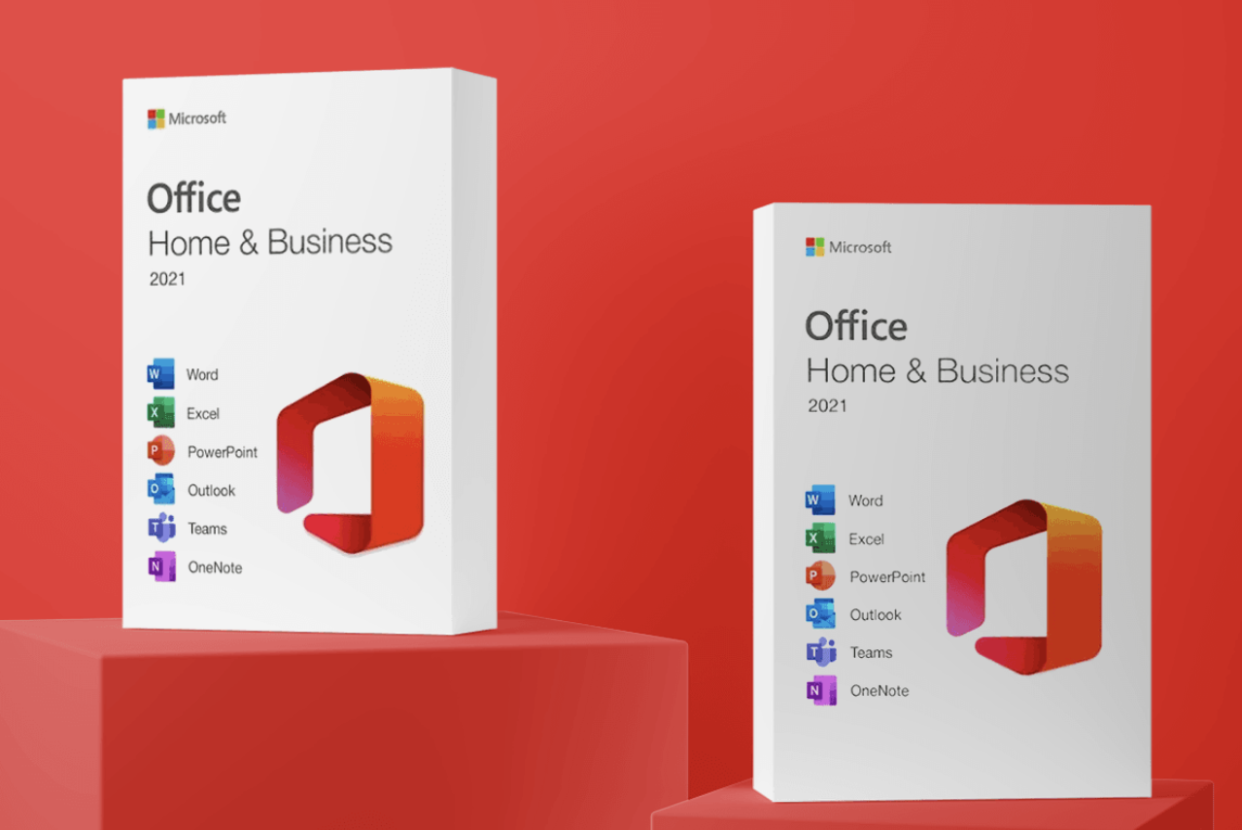 Microsoft Office software boxes on red background