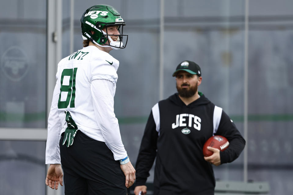 THIS CORRECTS THE LAST NAME TO KUNTZ, NOT KURTZ AS ORIGINALLY SENT - New York Jets tight end Zack Kuntz (81) laughs as he lines up for a play during the team's NFL football rookie minicamp, Friday, May 5, 2023, in Florham Park, N.J. (AP Photo/Rich Schultz)