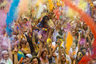 <p>Revelers at the Holi Festival of Colors in Madrid, Aug. 9, 2014. (Photo: Daniel Ochoa de Olza/AP) </p>