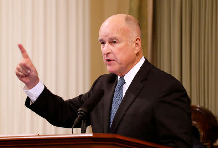 FILE PHOTO: California Governor Jerry Brown delivers his final state of the state address in Sacramento, California, U.S., January 25, 2018. REUTERS/Fred Greaves/File Photo