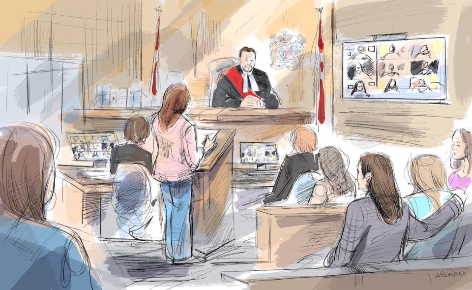 A doula shares her victim impact statement with Justice R.S. Gee in Brantford court on Jan. 17, 2023. The identities of five out of 17 victims is protected under a publication ban. 