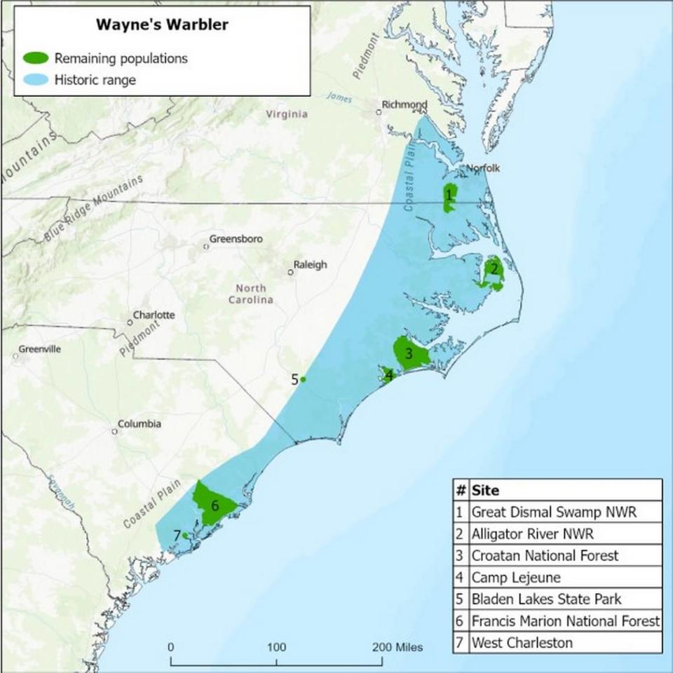 This map shows the historic range of the coastal black-throated green warbler, as well as the places where it is believed to be found today. It was included in a petition environmental groups sent the U.S. Fish and Wildlife Service, asking that the species be declared endangered and that its habitat receive protections.