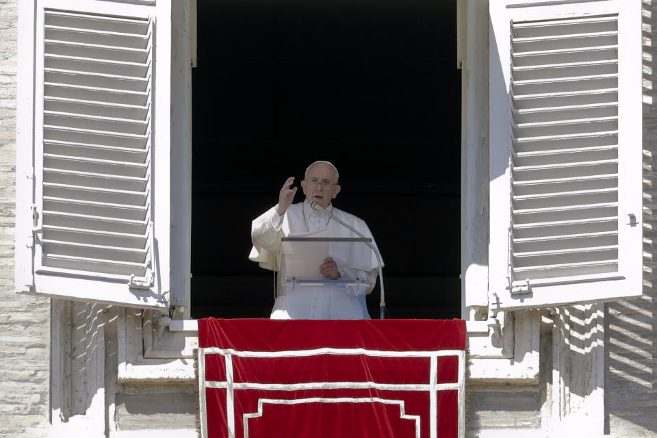 Pope Francis delivers a blessing from his studio's window overlooking St. Peter's Square during the Angelus noon prayer at the Vatican, Sunday, March 24, 2019. (AP Photo/Andrew Medichini)