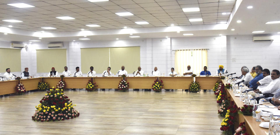 In this photo provided by Bihar state Chief Minister's Office, leaders of India’s 17 opposition parties attend a meeting in Patna, India, Friday, June 23, 2023. The leaders decided to sink their differences and put up a united fight in the next national elections to deny Prime Minister Narendra Modi's Hindu nationalist party a third consecutive term in 2024. (Bihar state Chief Minister's Office via AP)