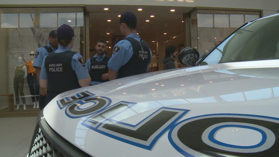 Four Windsor Police Service auxiliary officers talk at Devonshire Mall.