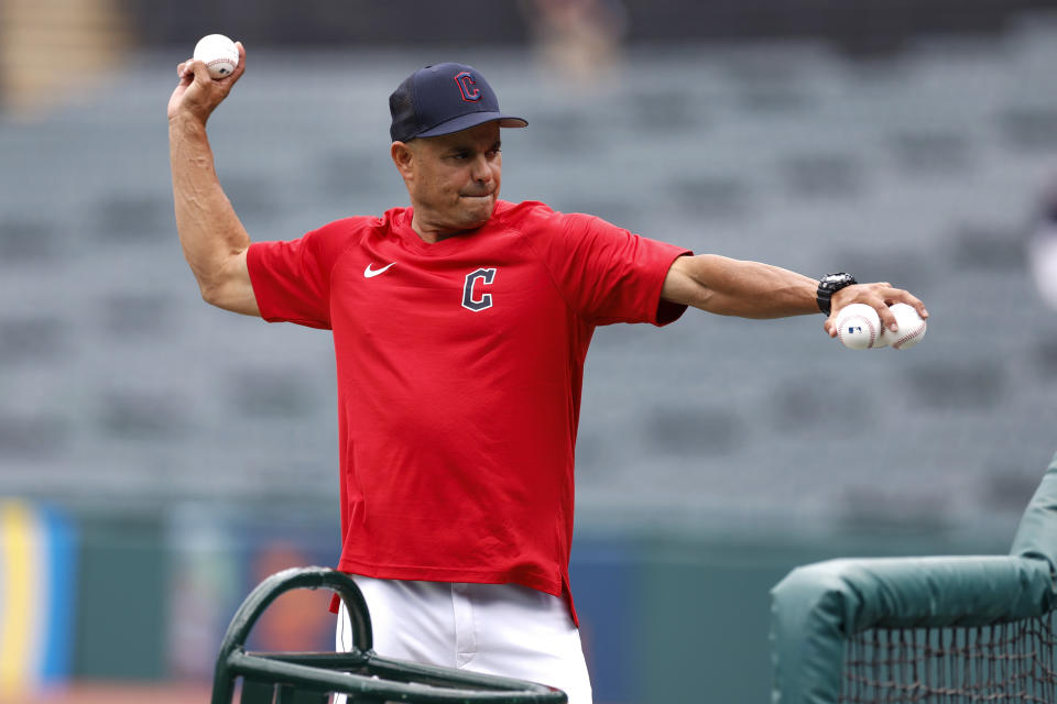 Akron RubberDucks hitting coach Junior Betances throws batting practice to Cleveland Guardians' Jose Ramirez before a baseball game between the Detroit Tigers and the Cleveland Guardians, Saturday, July 16, 2022, in Cleveland. Betances will throw to Ramirez during the Home Run Derby. (AP Photo/Ron Schwane