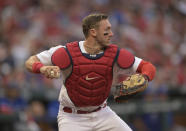 St. Louis Cardinals catcher Andrew Knizner (7) feints to hold a runner at second base during the second inning of a baseball game against the Toronto Blue Jays, Monday, May 23, 2022, in St. Louis. (AP Photo/Arnold J. Ward)