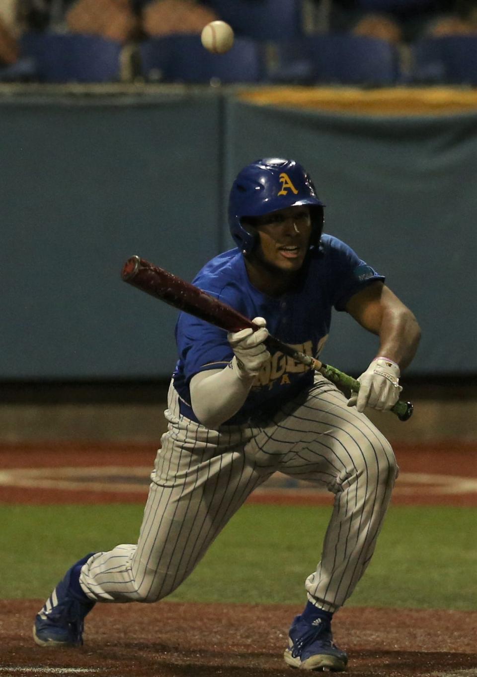 Angelo State University's Kamden Kelton fouls off a bunt against Colorado Mesa during Game 1 of an NCAA D-II South Central Super Regional at Foster Field at 1st Community Credit Union Stadium on Friday, May  27, 2022.