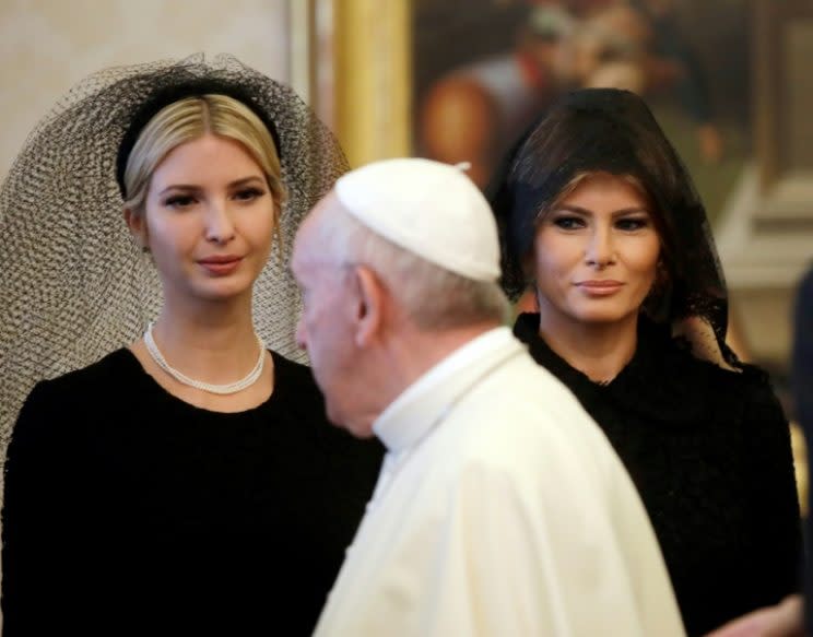 <i>Melania and Ivanka both donned veils for a morning meeting with Pope Francis [Photo: AFP]</i>