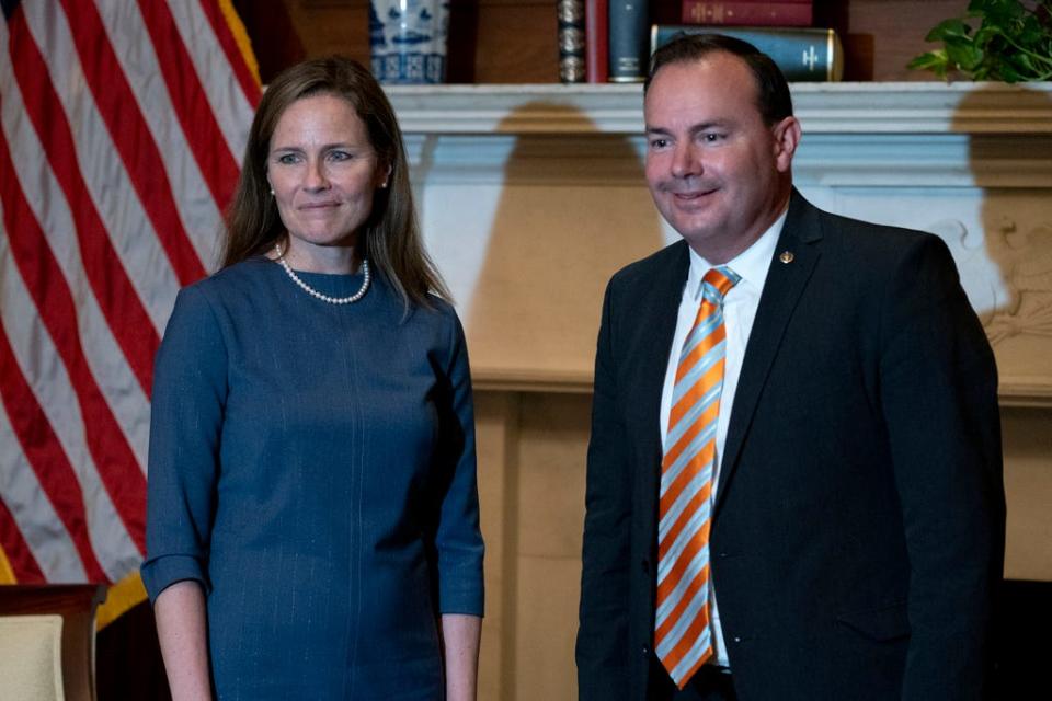 Seventh U.S. Circuit Court Judge Amy Coney Barrett (L), President Donald Trump's nominee for the U.S. Supreme Court, meets with Sen. Mike Lee (R-UT) as she begins a series of meetings to prepare for her confirmation hearing in the Mansfield Room at the U.S. Capitol on September 29, 2020 in Washington, DC.