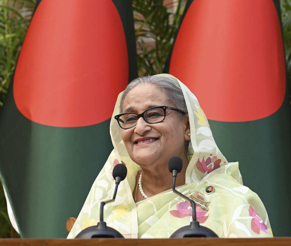 In this photograph released by Bangladesh Prime Minister's office, Prime Minister Sheikh Hasina, addresses a press conference following her election victory in Dhaka, Bangladesh, Monday, Jan.8, 2024. (Bangladesh Prime Minister's office via AP)