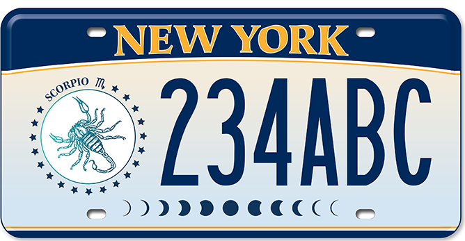 The New York State Department of Motor Vehicles debuted new custom zodiac license plates on Wednesday.  The Scorpio-specific picture is blue and contains the Scorpio symbol of a scorpion.