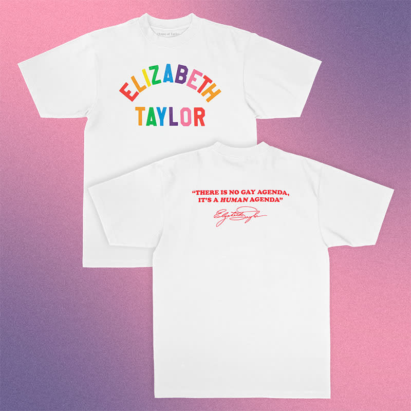 elizabeth taylor pride collection shirt 2024, fashion brands donating to lgbtq charities, donations, pride month 2024 collection merch fashion brands, rainbow flag and colors, 
