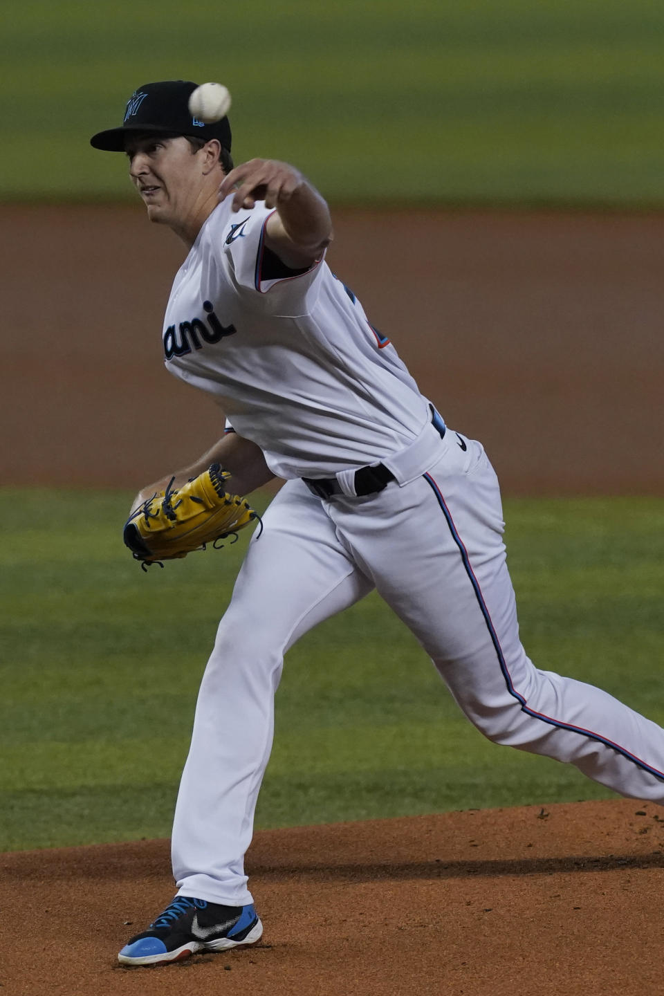 Miami Marlins starting pitcher Trevor Rogers (28) throws a pitch during the first inning of a baseball game against the Baltimore Orioles, Wednesday, April 21, 2021, in Miami. (AP Photo/Marta Lavandier)