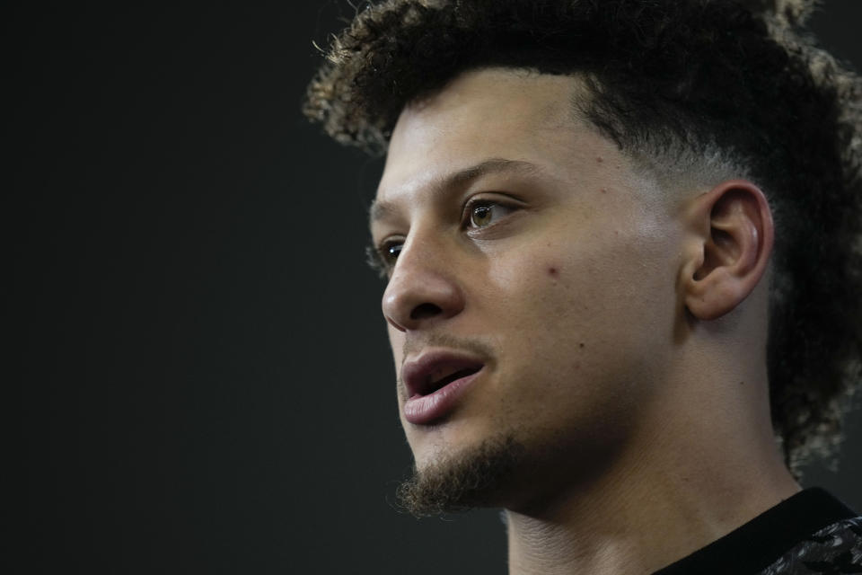 Kansas City Chiefs quarterback Patrick Mahomes speaks during a news conference after an NFL divisional round playoff football game between the Kansas City Chiefs and the Jacksonville Jaguars, Saturday, Jan. 21, 2023, in Kansas City, Mo. The Kansas City Chiefs won 27-20. (AP Photo/Jeff Roberson)