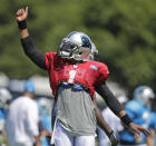 Carolina Panthers' Cam Newton reacts after completing a long pass during an NFL football practice at their training camp in Spartanburg, S.C., Monday, July 28, 2014. (AP Photo/Chuck Burton)