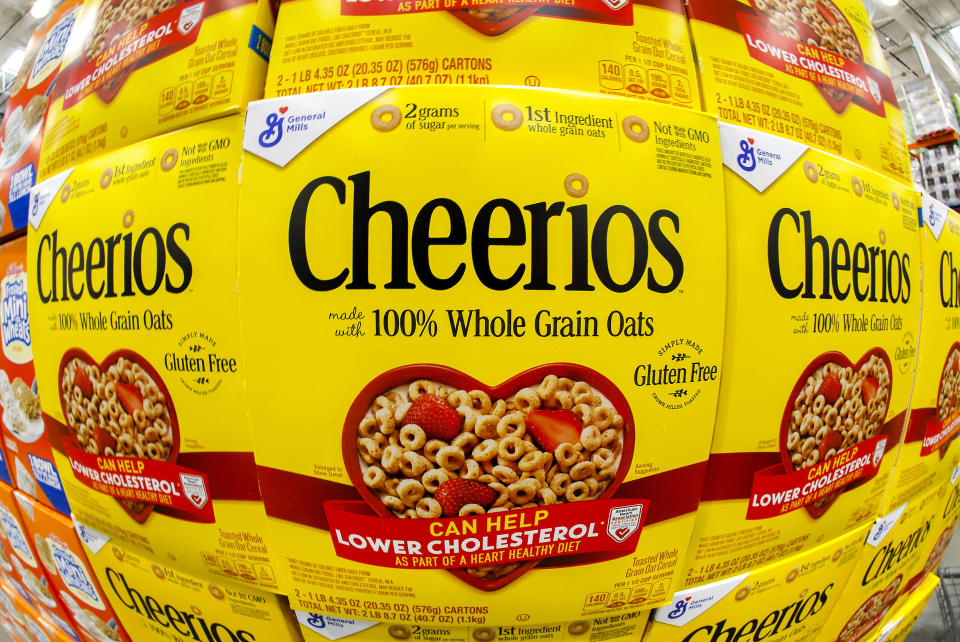 This is a display of General Mills Cheerios cereal at a Costco Warehouse in Homestead, Pa, on Thursday, May 14, 2020. (AP Photo/Gene J. Puskar)