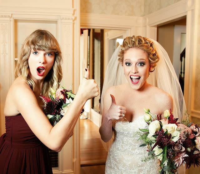 <p>Taylor Swift has served as maid of honor and bridesmaid in two of her childhood friends’ weddings. The first was for her<a href="https://www.elle.com/culture/celebrities/g8609/celebrity-bridesmaids/?slide=5" rel="nofollow noopener" target="_blank" data-ylk="slk:BFF Brittany Mack;elm:context_link;itc:0;sec:content-canvas" class="link "> BFF Brittany Mack</a>, who Taylor has known since birth. Then remember Abigail, who Taylor wrote about in her hit song “Fifteen”? Well, she stood closest to the bride in a <a href="https://people.com/music/taylor-swift-abigail-anderson-wedding-bridesmaid-photos/" rel="nofollow noopener" target="_blank" data-ylk="slk:burgundy dress;elm:context_link;itc:0;sec:content-canvas" class="link ">burgundy dress</a> on Abigail’s big day in September 2017, just two months before her album <em>R</em><em>eputation </em>was released.</p><p><a href="https://www.instagram.com/p/BbU7eilHPhk/" rel="nofollow noopener" target="_blank" data-ylk="slk:See the original post on Instagram;elm:context_link;itc:0;sec:content-canvas" class="link ">See the original post on Instagram</a></p>