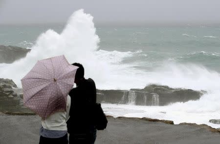 High waves caused by Typhoon Lan break on the shores of Senjojiki, Shirahama town, Wakayama prefecture, Japan, in this photo taken by Kyodo October 22, 2017. Mandatory credit Kyodo/via REUTERS