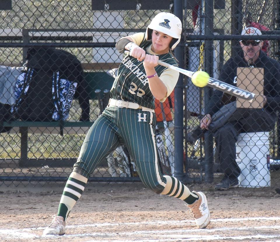 Michaela Ponticello takes a swing for Herkimer College during an April 5 game at Herkimer High School. One of several returning players from last year's national tournament team, Ponticello leads the generals with seven home runs.