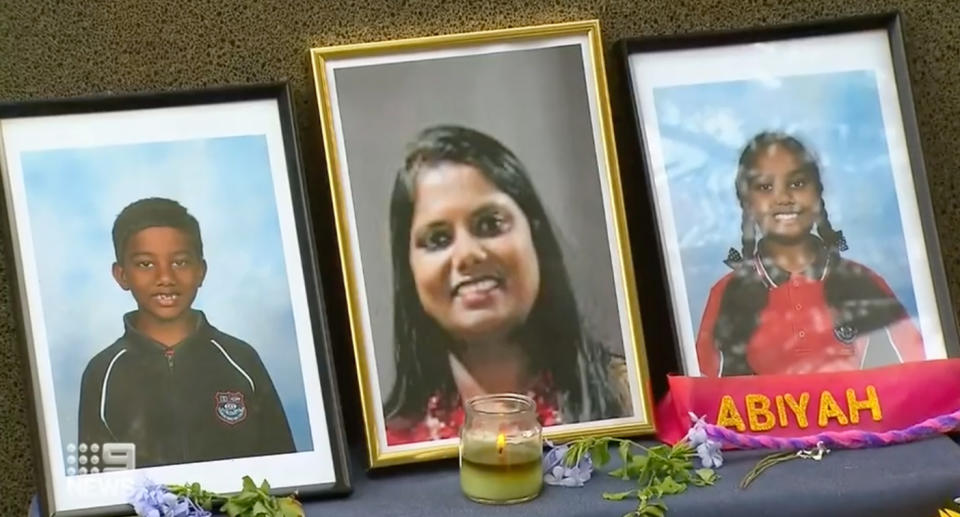 Selvamma Doreswamy, 40, Abiyah, 10, and Aiden Selvan, eight, pictured at a Perth memorial.