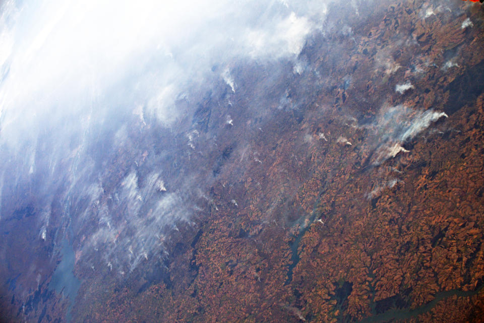 In this handout satellite image released by NASA on Tuesday, Aug. 27, 2019 shows the fires in Brazil. The Group of Seven nations on Monday pledged tens of millions of dollars to help Amazon countries fight raging wildfires, even as Brazilian President Jair Bolsonaro accused rich countries of treating the region like a "colony."(ESA/NASA–L. Parmitano/NASA via AP)