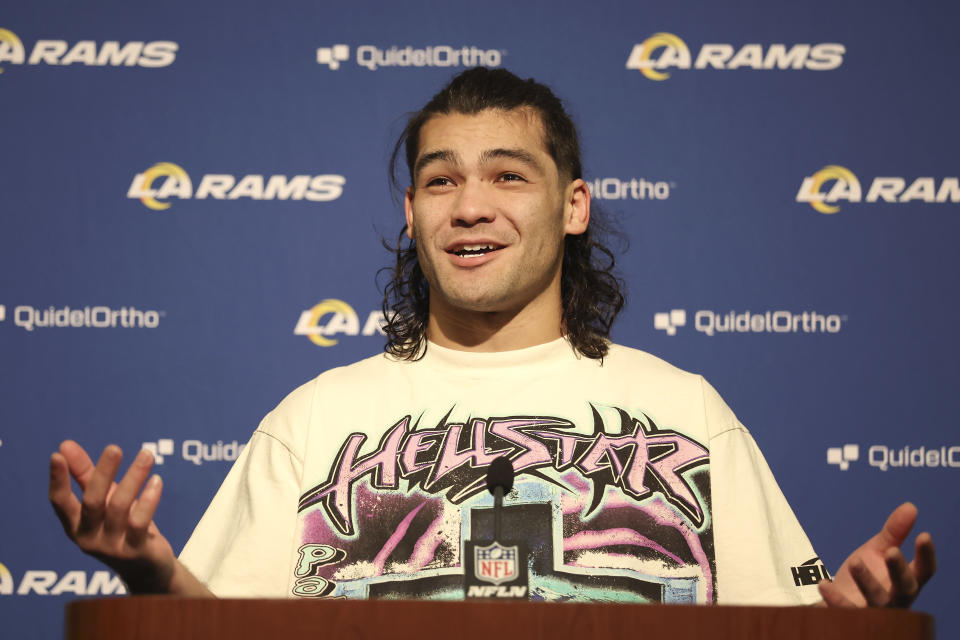 Los Angeles Rams wide receiver Puka Nacua speaks at a news conference after an NFL football game against the San Francisco 49ers in Santa Clara, Calif., Sunday, Jan. 7, 2024. (AP Photo/Jed Jacobsohn)