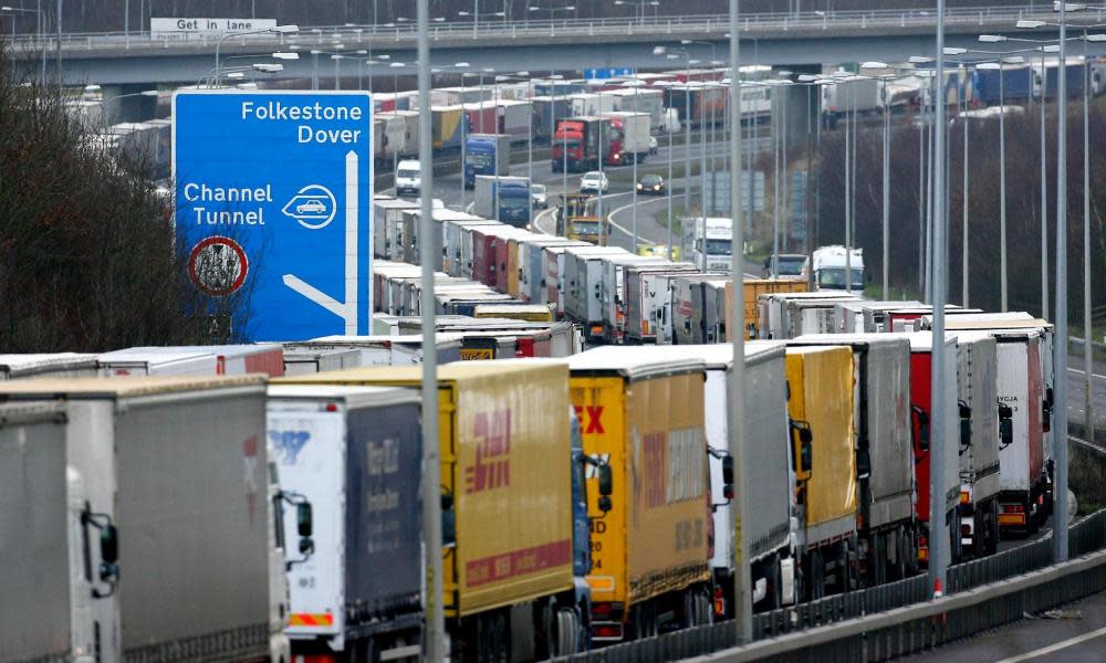 Lorries parked on the M20 approaching Dover in 2008