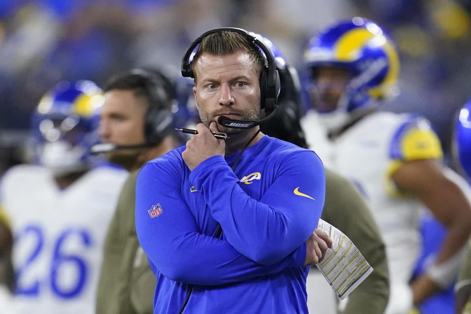 Los Angeles Rams head coach Sean McVay looks on during the second half of an NFL football game against the Tennessee Titans. Sunday, Nov. 7, 2021, in Inglewood, Calif. (AP Photo/Marcio Jose Sanchez)