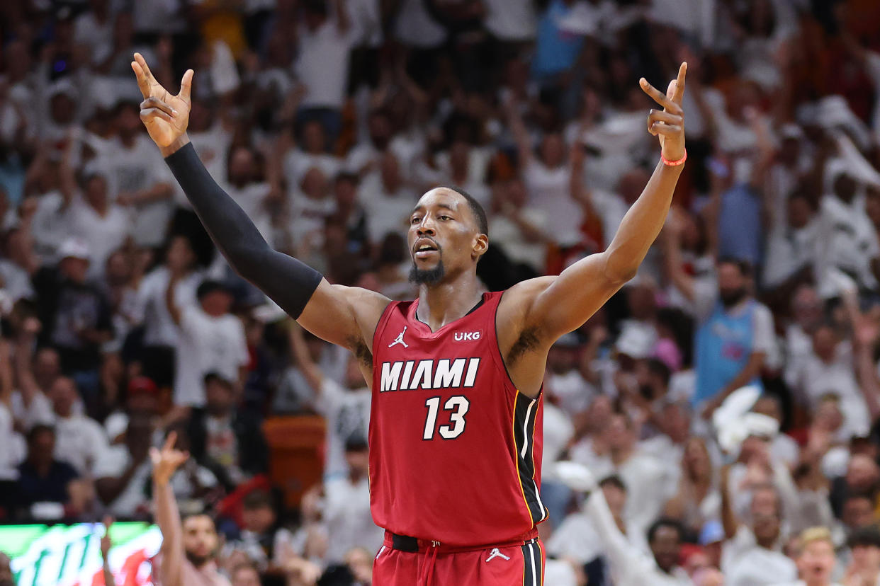 Miami Heat center Bam Adebayo scored 24 points and pulled down 12 rebounds against the Philadelphia 76ers in Game 1 of their second-round series. (Photo by Michael Reaves/Getty Images)