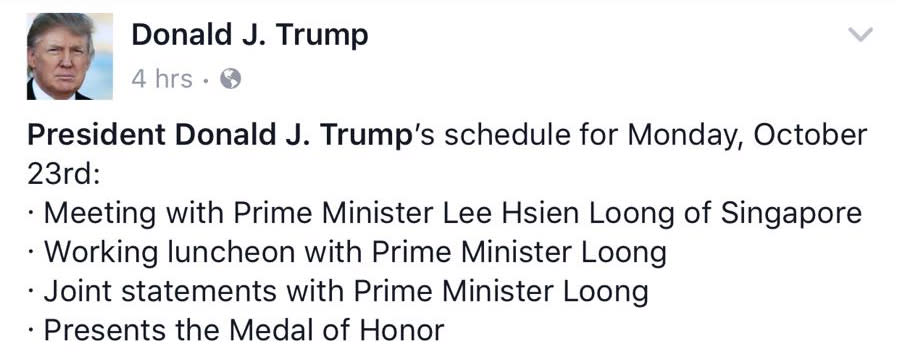 A screenshot of Trump’s Facebook post referring to PM Lee as Prime Minister Loong.