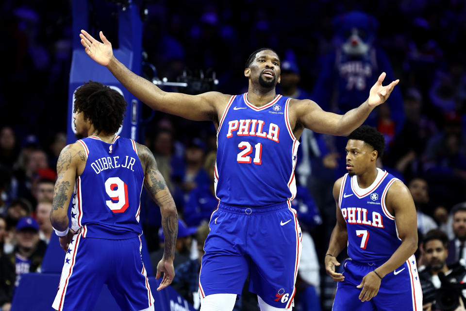 PHILADELPHIA, PENNSYLVANIA - APRIL 02: Joel Embiid #21 of the Philadelphia 76ers reacts during the first quarter against the Oklahoma City Thunderat the Wells Fargo Center on April 02, 2024 in Philadelphia, Pennsylvania. NOTE TO USER: User expressly acknowledges and agrees that, by downloading and or using this photograph, User is consenting to the terms and conditions of the Getty Images License Agreement. (Photo by Tim Nwachukwu/Getty Images)