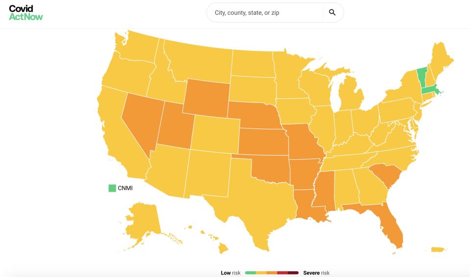 Risk level according to US state by Covid Act Now