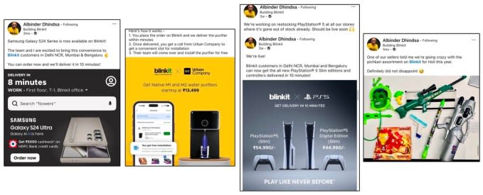 Blinkit selling high-end smartphones and the PlayStation 5, as shared by its founder and chief executive on social media.