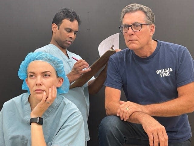 Kate Clement, from left, Saie Kurakula and Dennis Clement perform in the COVID-19 docudrama 'The Line' in June at the Actors Warehouse in Gainesville.