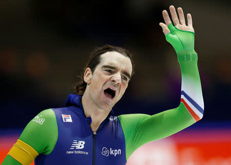 FILE PHOTO: Bob de Jong of the Netherlands reacts after the men's 5000m event at the ISU World Cup speed skating competition in Heerenveen, the Netherlands December 13, 2014. REUTERS/Michael Kooren/File Photo