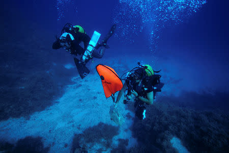 Chief conservator of the Fournoi Survey Project Angelos Tsompanidis, 42, and student of the Department of Conservation of Antiquities and Works of Art Helen Margarita Bardas, 25, carry an amphora from a shipwreck site on the island of Fournoi, Greece, September 19, 2018. Picture taken September 19, 2018. Vassilis Mentogiannis/Hellenic Ephorate of Underwater Antiquities/Handout via REUTERS ATTENTION EDITORS - THIS PICTURE WAS PROVIDED BY A THIRD PARTY.