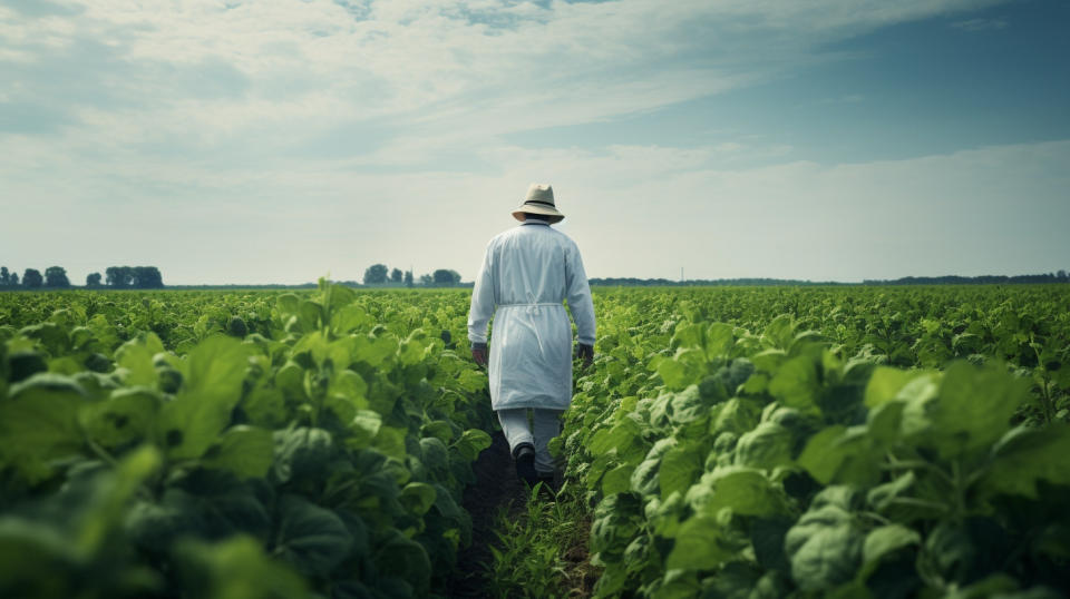 A farmer in traditional attire inspecting a field of nitrogen fertilized crops.