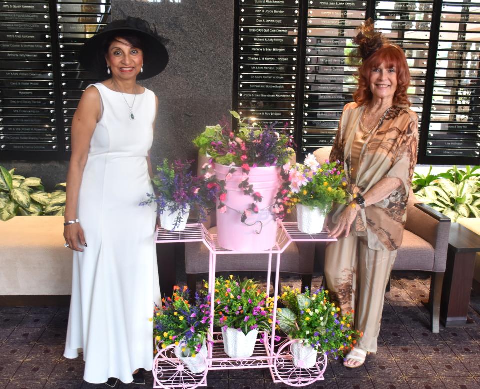 Luncheon co-chairs Jaishri Mehta and June Benson pose at the "My Fair Lady" On Stage Birthday Luncheon, held April 25, 2024.