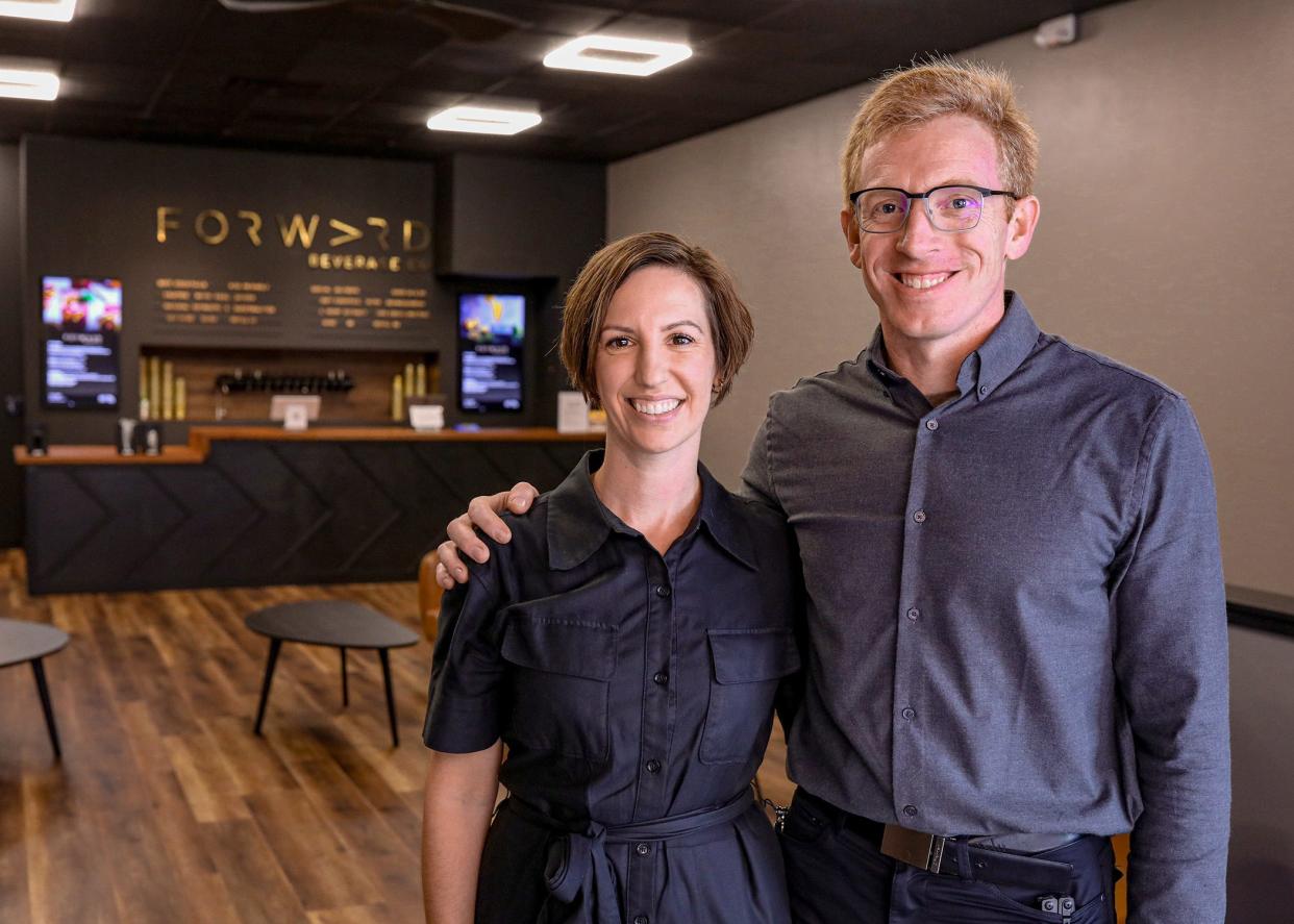 Amy and Paul Yanzer stand in the Forward Beverage Co. taproom that they opened at 303 N. 3rd St., Wausau, in 2023. The company offers nonalcoholic and functional soft cocktails and seltzers on tap and in cans.