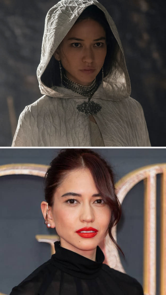 Sonoya Mizuno in costume as Mysaria above an image of Sonoya on the red carpet