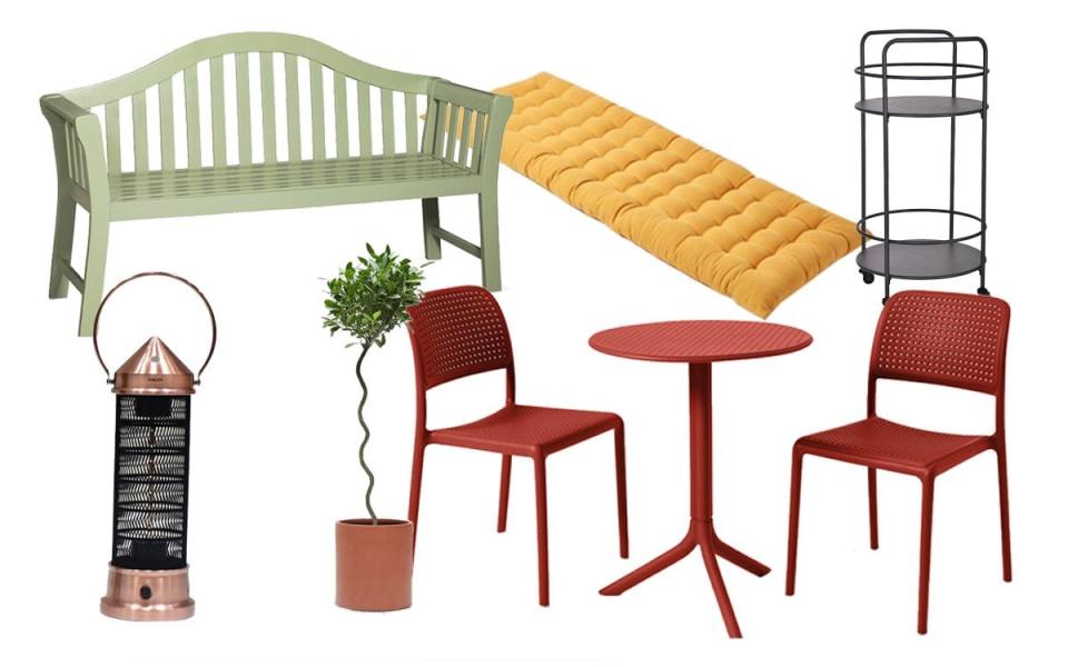 Clockwise from top left: Dodds wooden bench; Outdoor bench cushion; Nardi bistro set; Outdoor drinks trolley; Twist stem bay tree; Copper outdoor heating lantern