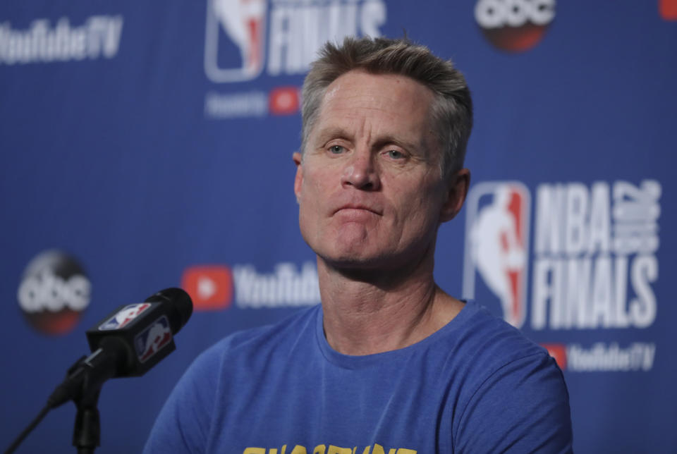 Steve Kerr criticized the response to mass shootings and said the Warriors have moments of silence every week. (AP)