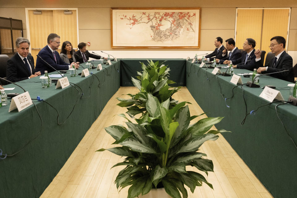 Secretary of State Antony Blinken meets with Chinese Vice President Han Zheng, Monday, Sept. 18, 2023, in New York. (AP Photo/Julia Nikhinson, Pool)