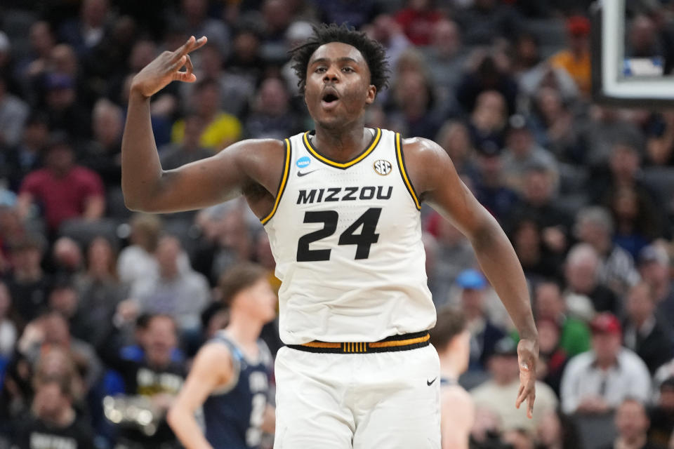 Missouri guard Kobe Brown reacts after scoring a basket against Utah State during the NCAA tournament. (Kyle Terada/USA TODAY Sports)