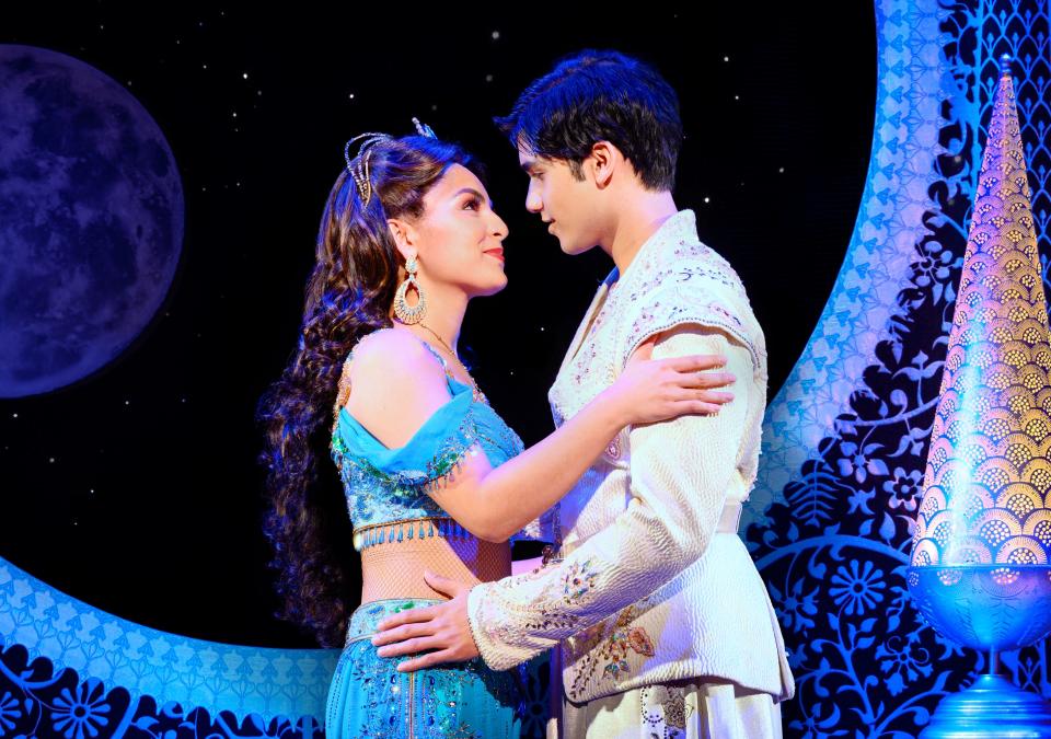 Senzel Ahmady, left, as Jasmine, and Adi Roy, as Aladdin, perform a scene from the national touring production of "Disney's Aladdin," which American Theatre Guild will present March 19 to 24, 2024, at the Morris Performing Arts Center in South Bend.