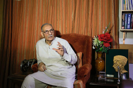 Lt. Gen. (Retd) Amjad Shoaib gestures during an interview with Reuters at his residence in Rawalpindi, Pakistan September 6, 2017. Picture taken September 6, 2017. REUTERS/Faisal Mahmood